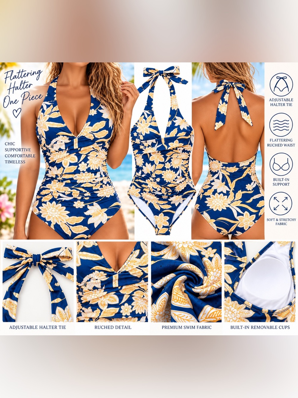 🌊 Navy Floral Halter One-Piece Swimsuit 💙🌼